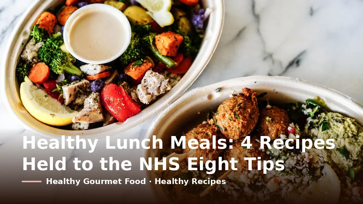 Cover card reading “Healthy Lunch Meals: 4 Recipes Held to the NHS Eight Tips” over two takeaway bowls of roasted vegetables, chicken and falafel on a marble table